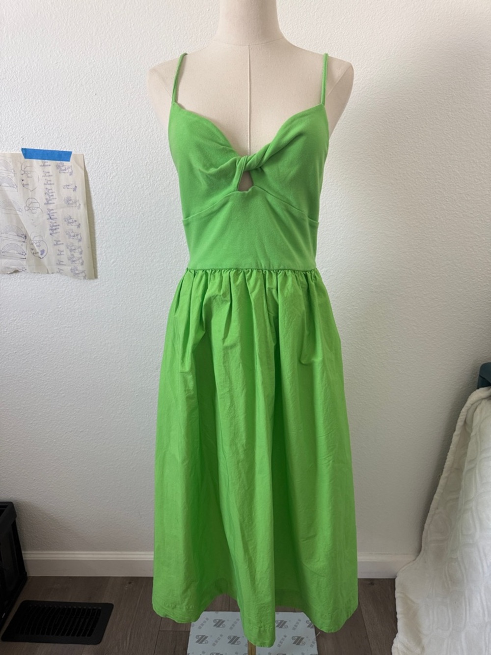 A New Day Bright Green Spaghetti Strap Midi Dress with Twist Front Size Small